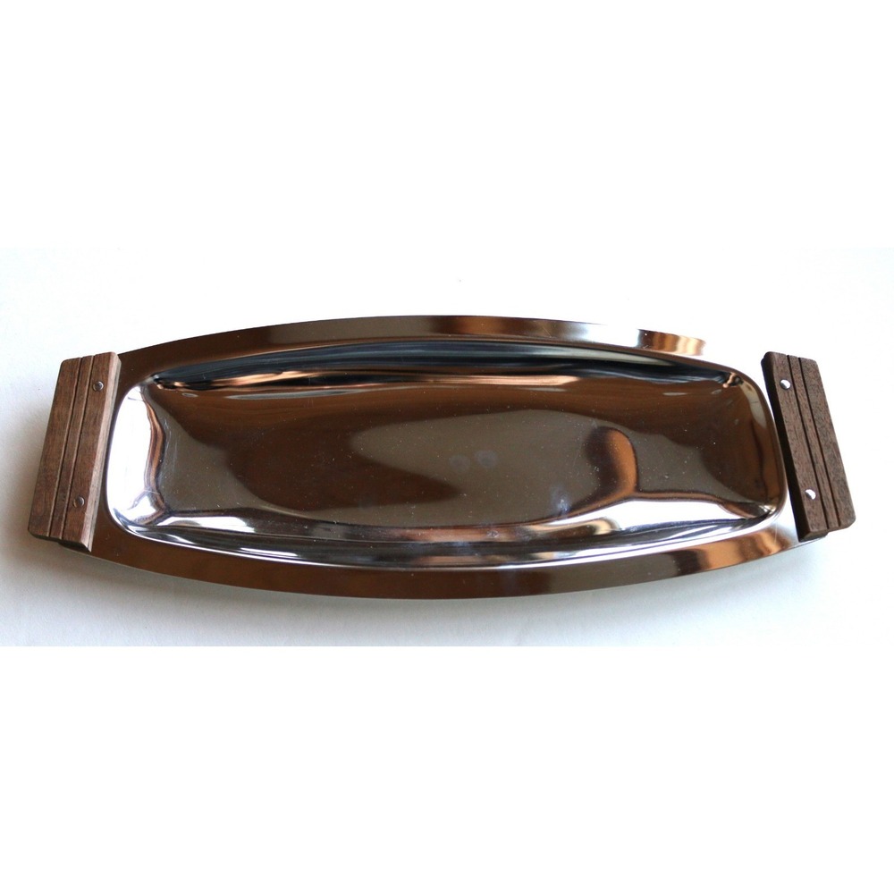 Vintage Chrome Kromex Serving Tray with‎ Wood Handles Original Label